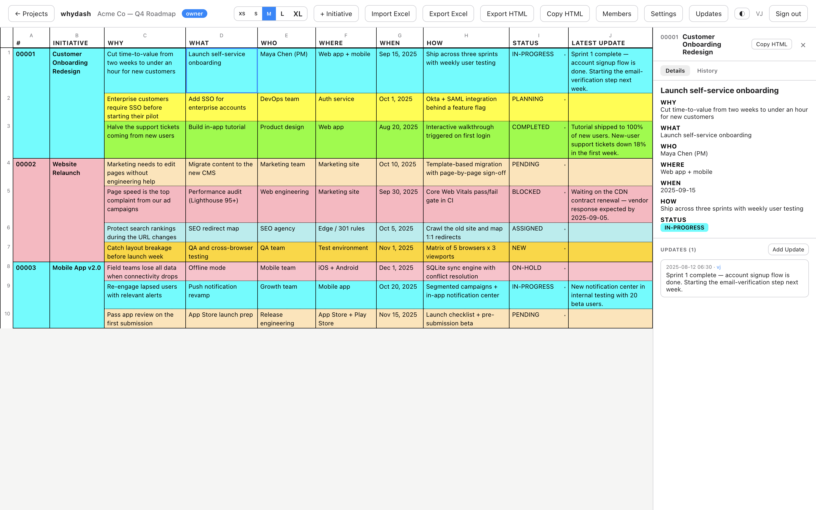 Row inspector showing fields and the dated updates log