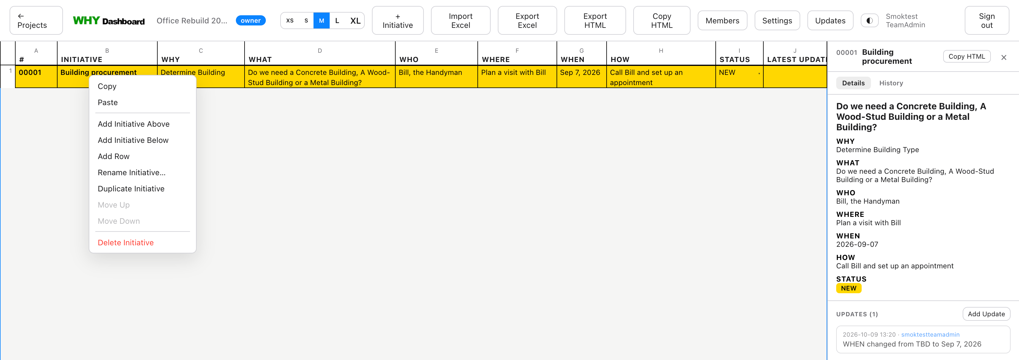 Right-click context menu on an initiative